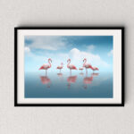 Flamingos im Wasser unter blauem Himmel Leinwandbild, Bild mit Rahmen oder Fotoposter – Bild 3
