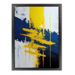 Abstraktes Leinwandbild mit Gelb- Blau- und Weißtönen als Kunstdruck mit Holzrahmen