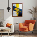 Abstraktes Leinwandbild mit Gelb- Blau- und Weißtönen als Kunstdruck mit Holzrahmen – Bild 2