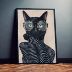 Schwarze Katze mit Brille Kunstdruck Poster Wandkunst für Wohnzimmer, Schlafzimmer,Kinderzimmer