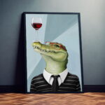 Krokodil mit Rotweinglas Kunstdruck Poster Exklusive Wandkunst für Wohnzimmer, Schlafzimmer