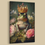 Lustiger grüner Frosch mit Krone auf Rosen Leinwandbild oder Fotoposter Kinderzimmer