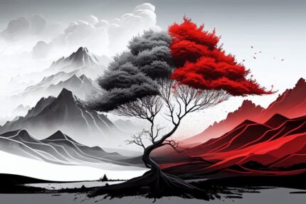 Grau Rote Abstrakte Bäume Landschaft - Kunstdruck auf Leinwand für Wohnzimmer Schlafzimmer Unternehmen