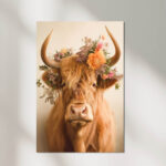 hochland kuh mit blumenschmuck als poster oder leinwandbild natur tierbild
