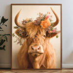 hochland kuh mit blumenschmuck als poster oder leinwandbild natur tierbild