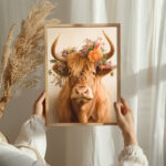 hochland kuh mit blumenschmuck als poster oder leinwandbild natur tierbild