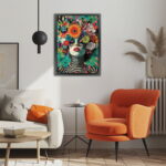 Moderne Porträtmalerei mit Blumen als Leinwandbild Kunstdruck mit Rahmen – Bild 5
