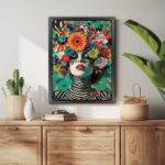 Moderne Porträtmalerei mit Blumen als Leinwandbild Kunstdruck mit Rahmen – Bild 3