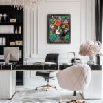 Moderne Porträtmalerei mit Blumen als Leinwandbild Kunstdruck mit Rahmen – Bild 4