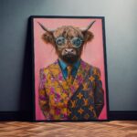 Porträt eines schottischen Hochlandrindes im LV Anzug Poster Exklusive Wandkunst für Wohnzimmer, Schlafzimmer
