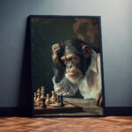 Schimpanse beim Schachspiel Kunstdruck Poster Bild zum Einrahmen Wandkunst für Wohnzimmer, Schlafzimmer, Büro