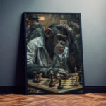 Schimpanse überlegt beim Schachspiel Kunstdruck Poster Bild zum Einrahmen Wandkunst für Wohnzimmer, Schlafzimmer, Büro