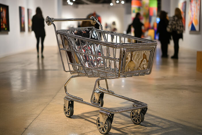 einkaufswagen aus titan als skulptur