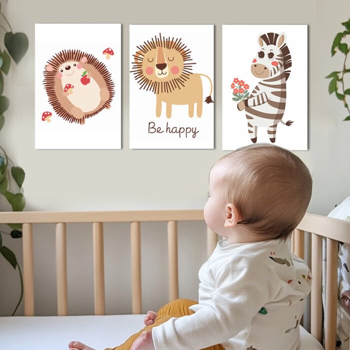 babyzimmer poster 3er set wandbilder für kinderzimmer deko bilder bär rehkitz fuchs (kopie)