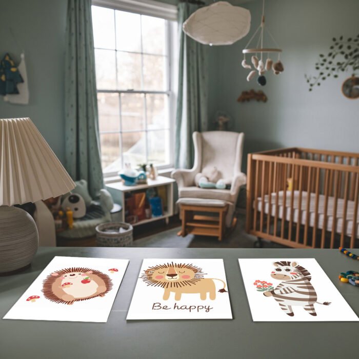 babyzimmer poster 3er set wandbilder für kinderzimmer deko bilder bär rehkitz fuchs (kopie)