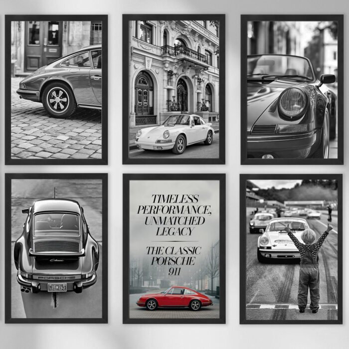 porsche 911 poster 6er set deko wandbilder für wohnzimmer, home office, hobbyraum und büro