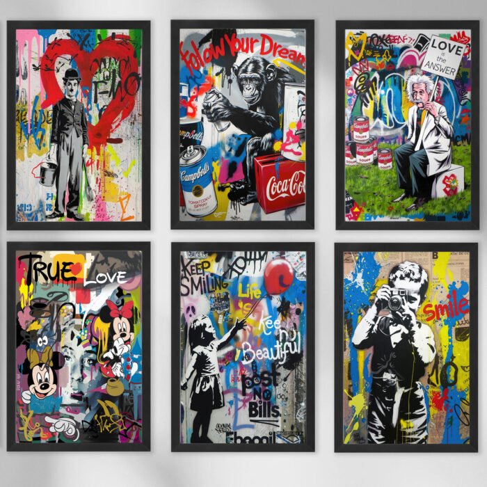 pop art banksy style 6er poster set für wohnzimmer, home office, hobbyraum und büro zum einrahmen