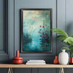 rote blüten im nebel: ein stilles wasserbild leinwandbild wohnzimmer schlafzimmer wanddeko büro (kopie)