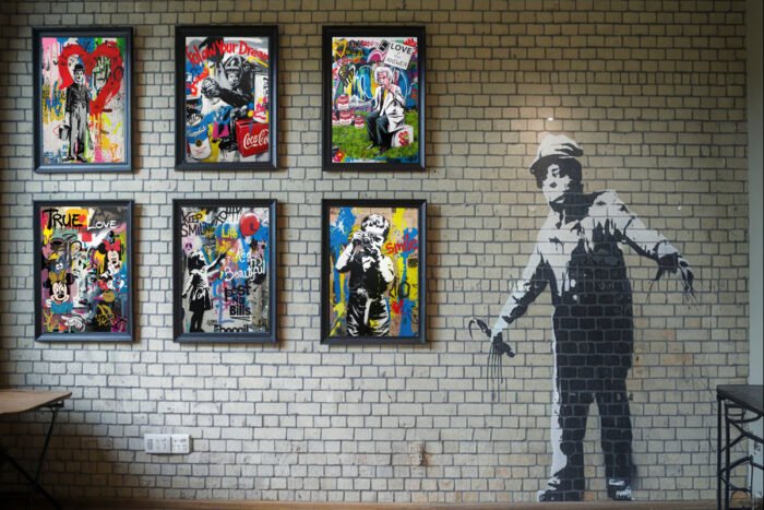 pop art banksy style 6er poster set für wohnzimmer, home office, hobbyraum und büro zum einrahmen