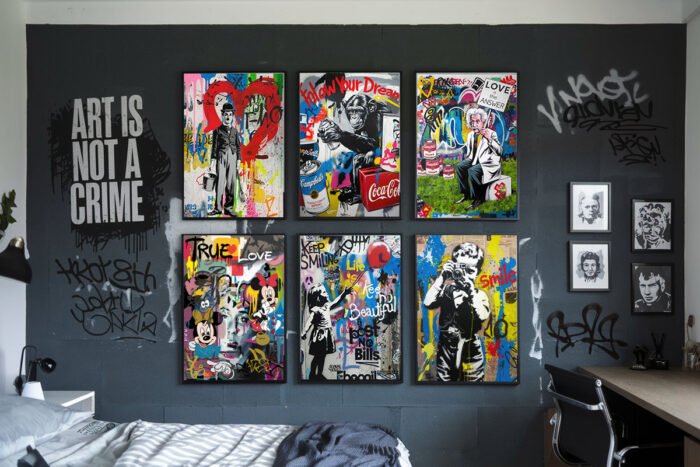 pop art banksy style 6er poster set für wohnzimmer, home office, hobbyraum und büro zum einrahmen