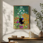 sternennacht mit schwarzer katze auf halbmond | kunstdruck