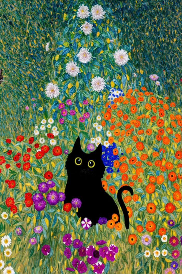 Elegante schwarze Katze unter Lotusblumen Kunstdruck