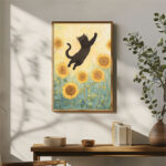 verspielte schwarze katze unter sonnenblumen kunstdruck