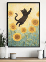 verspielte schwarze katze unter sonnenblumen kunstdruck