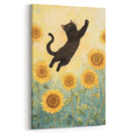 verspielte schwarze katze unter sonnenblumen kunstdruck