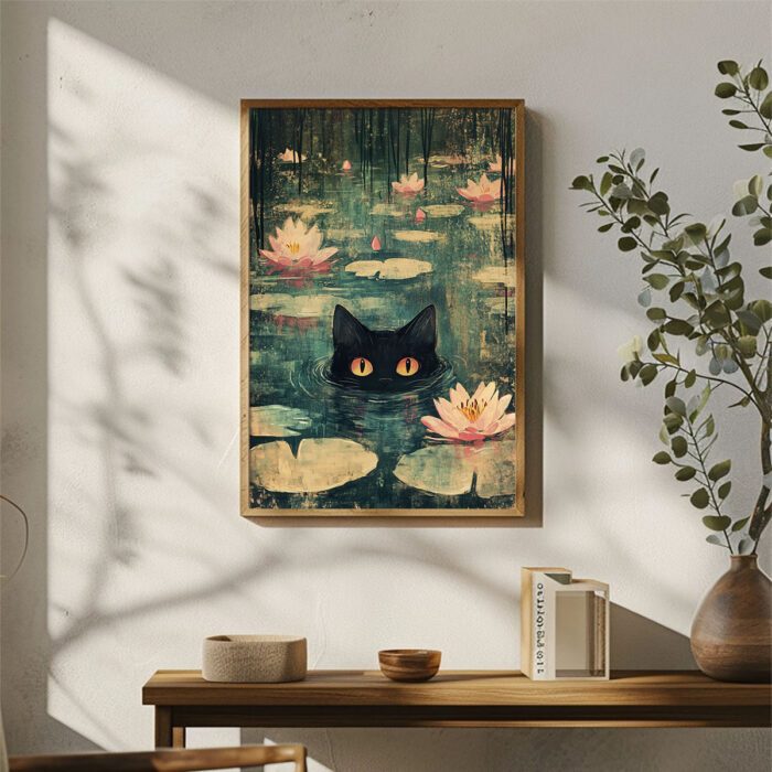 mysteriöse augen schwarze katze im wasser kunstdruck