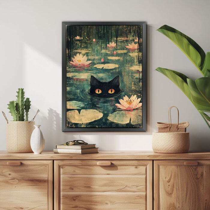mysteriöse augen schwarze katze im wasser kunstdruck