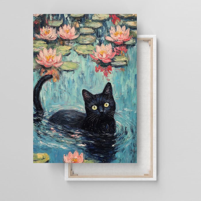 elegante schwarze katze unter lotusblumen kunstdruck