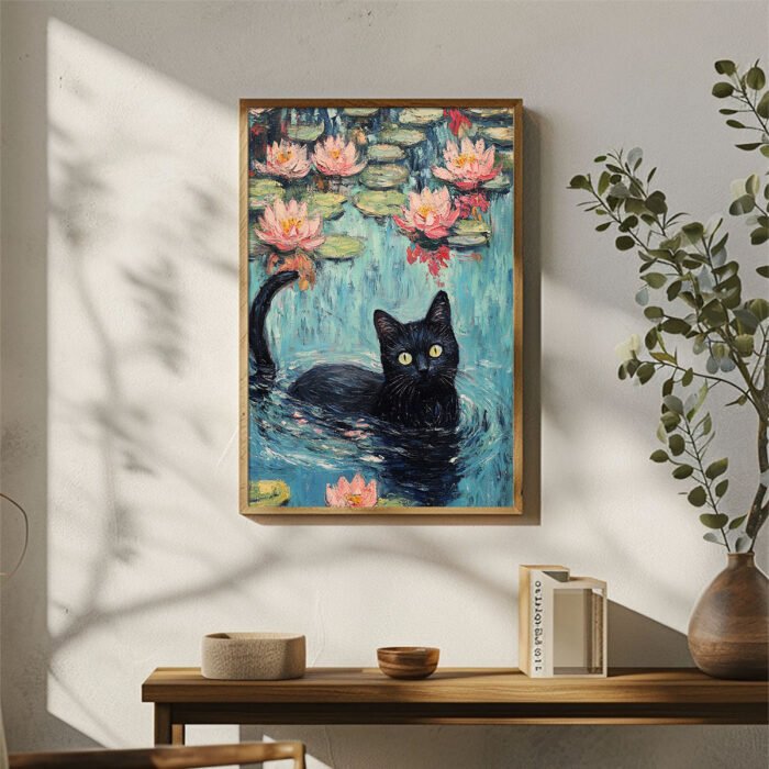 elegante schwarze katze unter lotusblumen kunstdruck