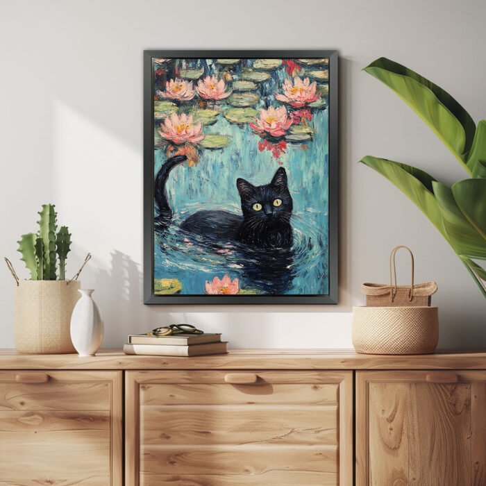 elegante schwarze katze unter lotusblumen kunstdruck