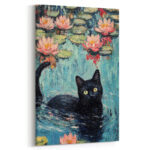 elegante schwarze katze unter lotusblumen kunstdruck