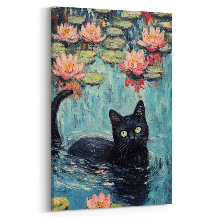 elegante schwarze katze unter lotusblumen kunstdruck