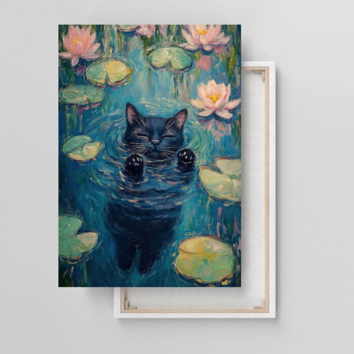 title schwarze katze schwimmt friedlich im wasser kunstdruck