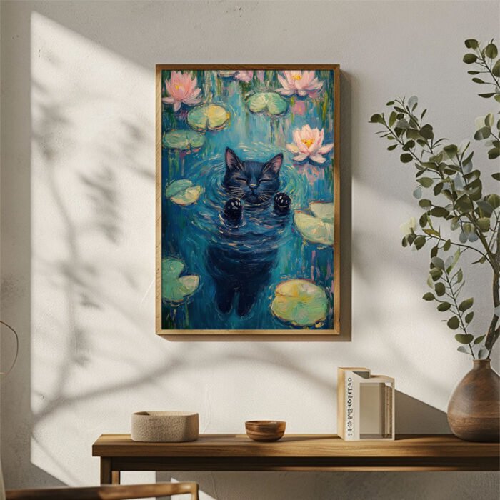 title schwarze katze schwimmt friedlich im wasser kunstdruck