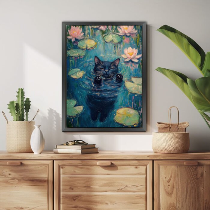 title schwarze katze schwimmt friedlich im wasser kunstdruck