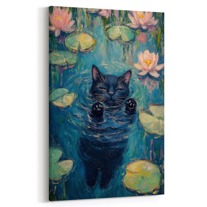 title schwarze katze schwimmt friedlich im wasser kunstdruck