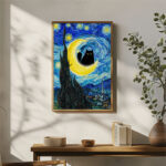 sternennacht mit schwarzer katze auf halbmond | kunstdruck
