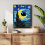 sternennacht mit schwarzer katze auf halbmond | kunstdruck