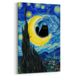 sternennacht mit schwarzer katze auf halbmond | kunstdruck