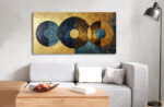 geometrische abstrakte kunst auf leinwand in blau und goldtönen