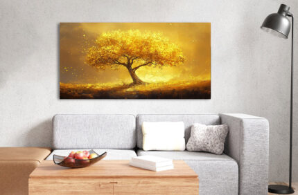 strahlender goldener baum auf lebendiger landschaftsleinwand