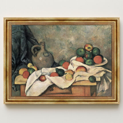 Stillleben mit Vorhang Krug und Obstschale von Paul Cézanne Bild mit Rahmen in Gold