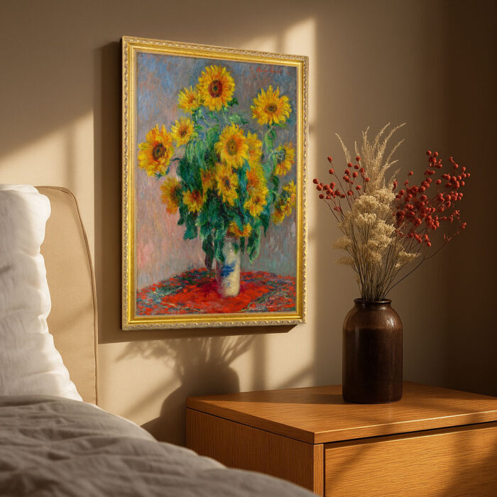 Sunflowers by Claude Monet Wall Art with Golden Frame Old Master Painting Reproduction Print for Home and Office Decorations