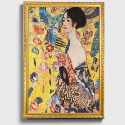 Lady with a Fan by Gustav Klimt Wall Art with Golden Frame Old Master Painting Reproduction Print for Home and Office Decorations