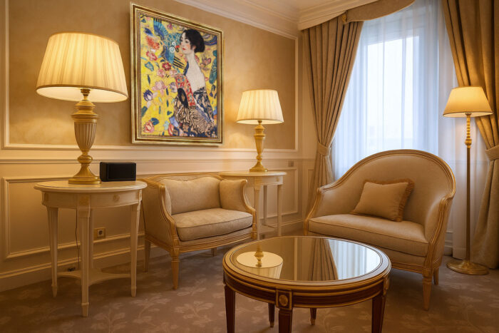 Dame mit Fächer von Gustav Klimt Bild mit Rahmen in Gold (Kopie)