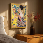 Lady with a Fan by Gustav Klimt Wall Art with Golden Frame Old Master Painting Reproduction Print for Home and Office Decorations